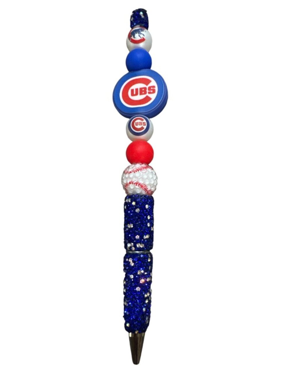 Chicago Cubs Themed Beaded Pen With Blue Glitter Accents For Writing Or Gifts